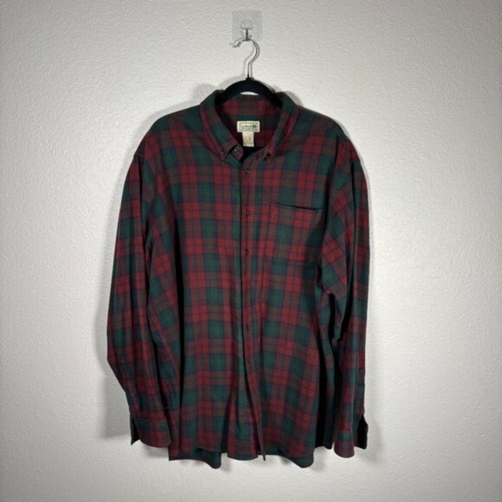 L.L. Bean Green Red Plaid Check Long Sleeve Pocket Button Down Shirt Size XL